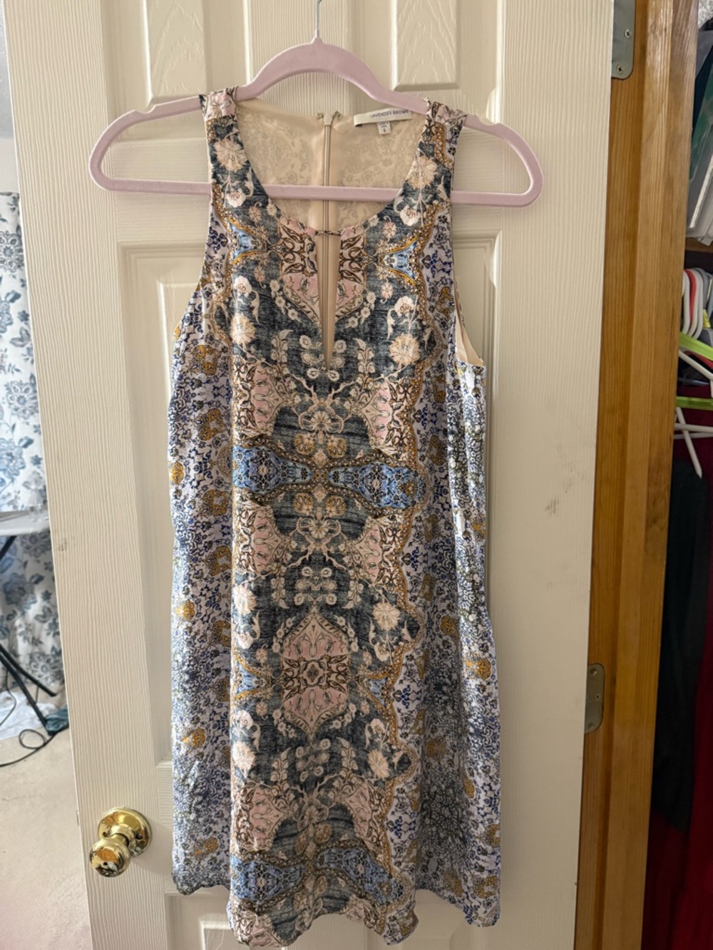 Lavender Brown Pink, Blue & Gold Paisley Mini Dress 100% Silk Beautiful shift